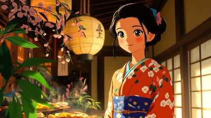 Canvas Print - Japanese Woman in Traditional Kimono with Flowers and Lanterns.