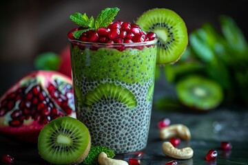 Vibrant superfood dessert  chia seed pudding with kiwi, pomegranate, mint, and cashews