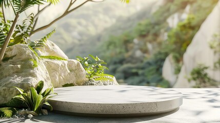 Sticker - A white stone podium sits in a natural, jungle setting with a soft, green blur in the background.