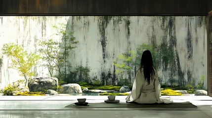 Canvas Print - Woman meditating in a Japanese garden, looking out a window.