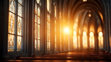 golden light filters through tall, elegant church windows, illuminating the space with a peaceful gl