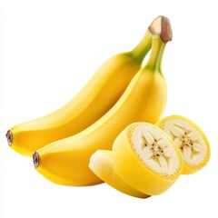 Fresh ripe yellow bananas with one sliced open.