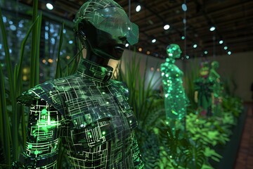 Futuristic robotic mannequins with digital circuit designs in a lush green environment, illustrating the fusion of nature and technology.