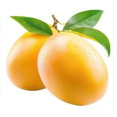 Three ripe yellow mangoes with green leaves isolated on white background.