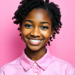 Wall Mural - A young African American woman with short curly dark hair, wearing a pink collared shirt, smiling against a pink background