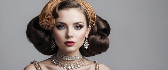 Beautiful elegant girl model with jewelry, makeup and retro hair styling