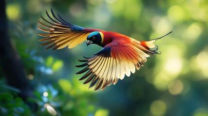 Colorful Bird with Spread Wings in Flight Against Blurred Green Background