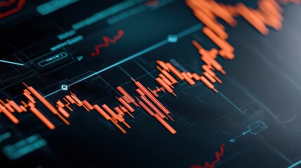 Close-up of a digital waveform display, showcasing vibrant orange graphics depicting audio or financial data analysis.