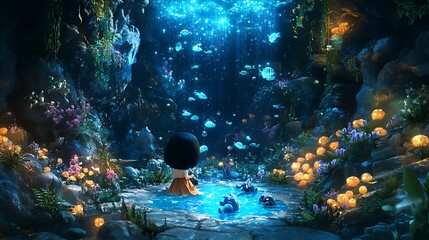 Wall Mural - A Young Girl Stands Before a Magical Waterfall in a Glowing Cave.