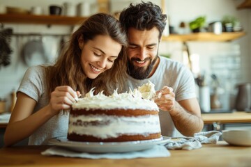 A joyful couple in a bright kitchen, frosting a cake side by side, savoring the sweet experience of creating a homemade dessert