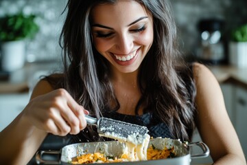 A beautiful woman in a stylish kitchen, grating cheese over a dish with a joyful smile, enjoying the process of adding flavor to her homemade cooking