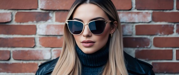 ashionable young woman in modern sunglasses over brick wall backgroud