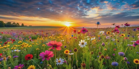 Wall Mural - Vibrant field of wildflowers illuminated by soft sunrise light, wildflowers, field, sunrise, vibrant, serene, peaceful