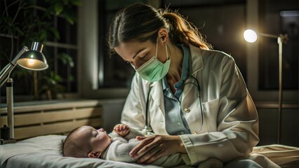 Wall Mural -  female doctor examining newborn baby in the hospitel