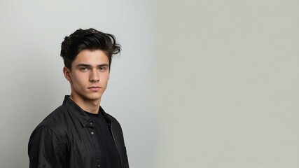 Wall Mural - teen stunning black hair caucasian man with black shirt model portrait standing straight on a white wall for ad concept space for text