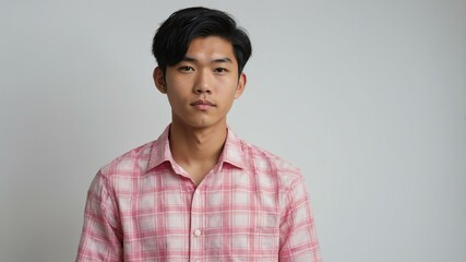 Wall Mural - teen stunning black hair asian man with pink shirt model portrait standing straight on a white wall for ad concept space for text