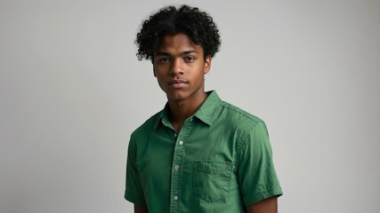 Wall Mural - teen stunning black hair american man with green shirt model portrait standing straight on a white wall for ad concept space for text