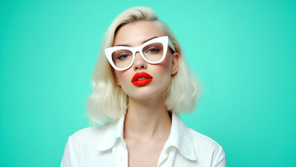 Wall Mural - Stylish young woman with platinum blonde hair and red lips wearing white cat-eye glasses and a white outfit against a plain turquoise background