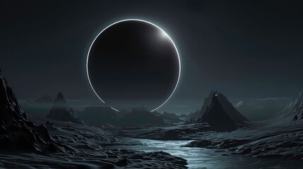 A dark and mysterious landscape with a glowing circle in the sky above jagged mountains.