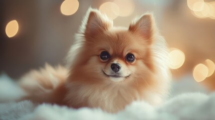 This adorable fluffy dog rests comfortably on a plush surface, gazing playfully while soft, warm light creates a delightful ambiance around it