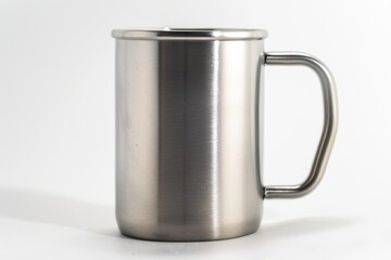 Poster - A stainless steel coffee mug sitting on a clean white surface, ready for use