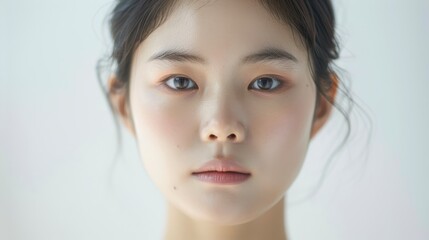 Wall Mural - Close-up photo of an Asian woman on a white background, showing only her face and head, with her hair tied back and a slight smile on her face, for use in projects about clean skin without any problem