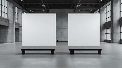 Wall Mural - 3D Rendering of Two Blank White Partitions in an Industrial Gallery Hall with Black Benches and Gray Walls, Ready for Advertising Posters