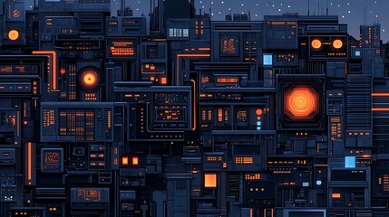 Sticker - Futuristic Cityscape with Glowing Windows and Geometric Shapes.