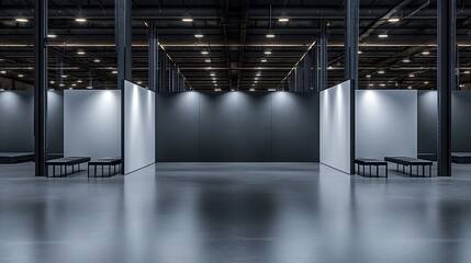 Wall Mural - Sleek Industrial Exhibition Hall with Blank Partitions, Black Benches, and Gray Walls, Ideal for Marketing Displays