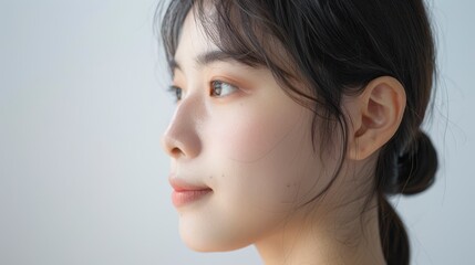 Close-up photo of an Asian woman on a white background, showing only her face and head, with her hair tied back and a slight smile on her face, for use in projects about clean skin without any problem