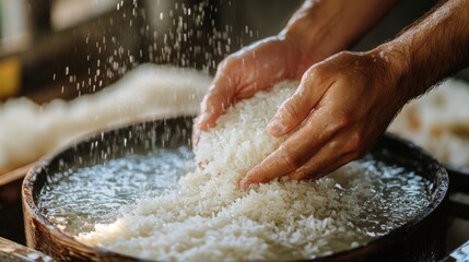 Wall Mural - Chef washing rice in a wooden bowl with running water, preparing it for cooking