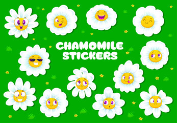 Wall Mural - Chamomile face, daisy flowers stickers. Cartoon camomile bloom characters with funny face emotions. Vector set of patches with cute summer blossoms smile, laugh, crazy or wink, surprised and sad emoji