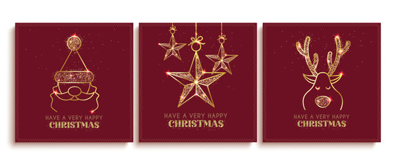 Wall Mural - Christmas greeting card vector poster set design. Merry christmas and happy new year greeting text with elegant glitter pattern gold elements in square shape red background for xmas template 