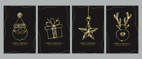 Wall Mural - Merry christmas greeting glitter card vector poster set design. Christmas greeting text in border black background with elegant shining glitters gold elements for xmas layout collection. Vector 
