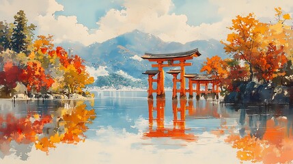 Canvas Print - Watercolor Painting of a Traditional Japanese Gate in a Serene Mountain Landscape.