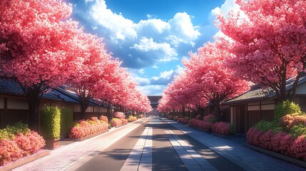 Poster - Peaceful Street Lined with Cherry Blossom Trees in Japan.