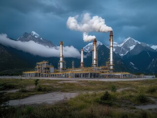 Sticker - A crude oil refinery is set against a backdrop of towering mountains, illustrating the challenge of meeting energy demand in remote regions. 