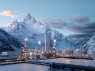 Sticker - A crude oil refinery is set against a backdrop of towering mountains, illustrating the challenge of meeting energy demand in remote regions. 