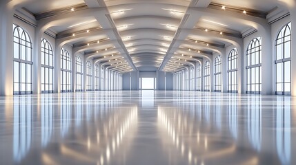 Wall Mural - Elegant Empty Event Hall with High Ceilings, Glossy Reflective Floors, and Customizable Ambient Lighting