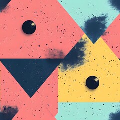 Wall Mural - A colorful abstract painting with a blue triangle and a yellow triangle. The painting has a lot of dots and a few circles