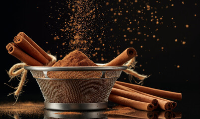 Wall Mural - Cinnamon sticks on a textured wooden background. Cinnamon roll. Spicy spice for baking, desserts and drinks. Fragrant ground cinnamon. cinnamon powder Close-up. Place for text. copy space