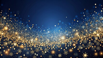 Festive abstract background with gold and blue particles on a navy blue backdrop for Christmas celebration