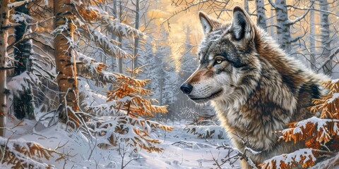 Wall Mural - Wolf Observing in a Snowy Woodland