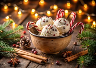 cozy winter wonderland warm soft light snowflake patterned bowl two generous scoops of creamy white ice cream smothered in dark chocolate chips surrounded by candy canes