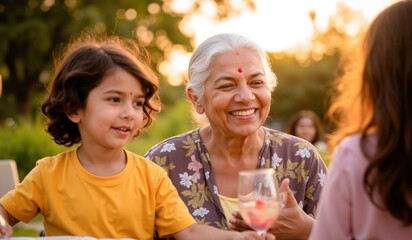 Happy Indian Grandmother Celebrating Family Bonding at a Vibrant Outdoor Event