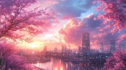 Sticker - Sakura Blossoms Falling on a Cityscape at Sunset.