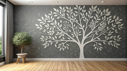 interior, gray wall, wall painting, trees, plaster,