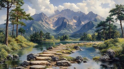 Canvas Print - Stone Pathway Leading Through a Tranquil Forest and Lake to Majestic Mountains.