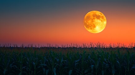 Full orange moon rising over a field of corn under a twilight sky