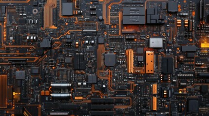 Wall Mural - Close-up of a Complex Computer Motherboard with Orange Traces